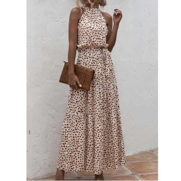 BellanBlue Dresses & Skirts - Bohemian belted polka dot layer ruffle halter dress